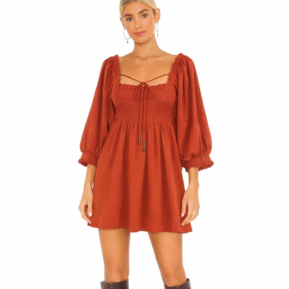 FREE PEOPLE This Is Everything Balloon Sleeve Mini Dress Burnt Orange XS